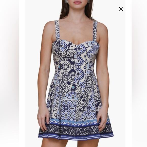 Avec Les Filles Floral Blue Dress Sweetheart Neckline Mini Sundress Womens 2 - Picture 13 of 14